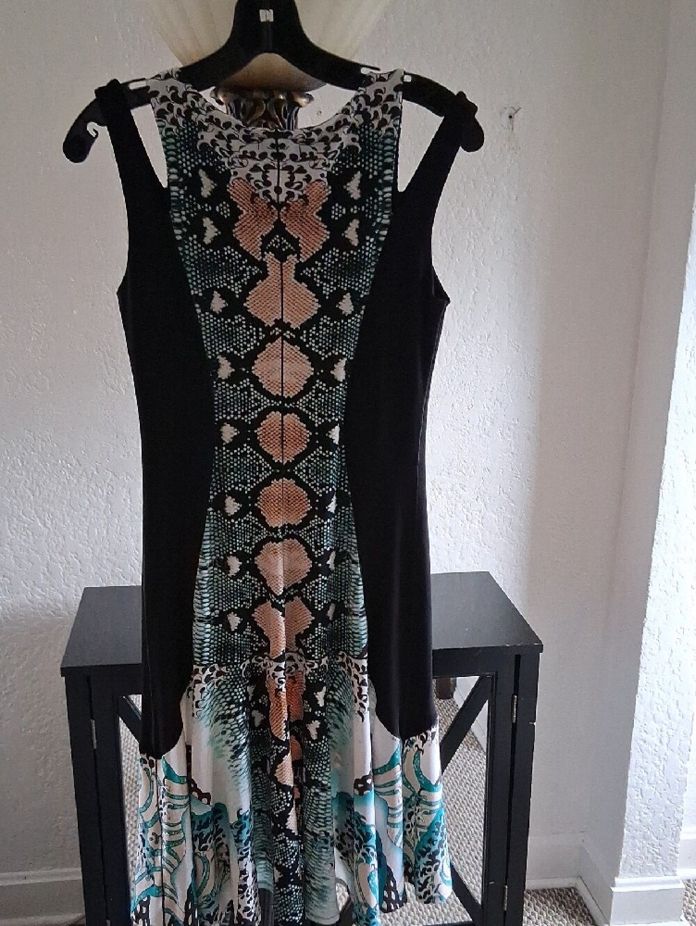 eva varro Black Dress with Teal and Peach Print - Picture 2 of 5